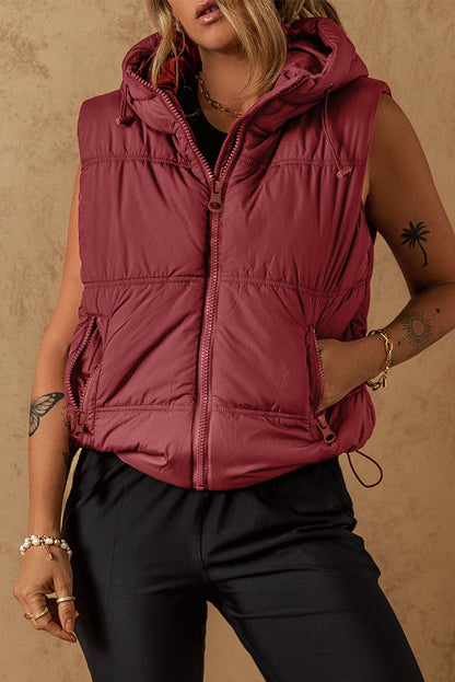 Zip-Up Side Pockets Hooded Puffer Vest | Clay