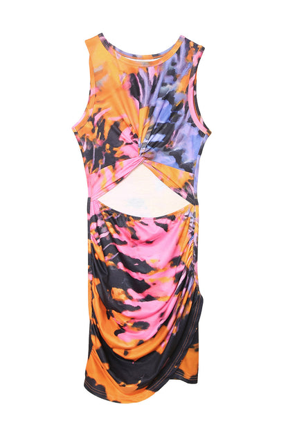 Multicolour Tie-Dye Print Hollow Out Twist Bodycon Mini Dress | Orange