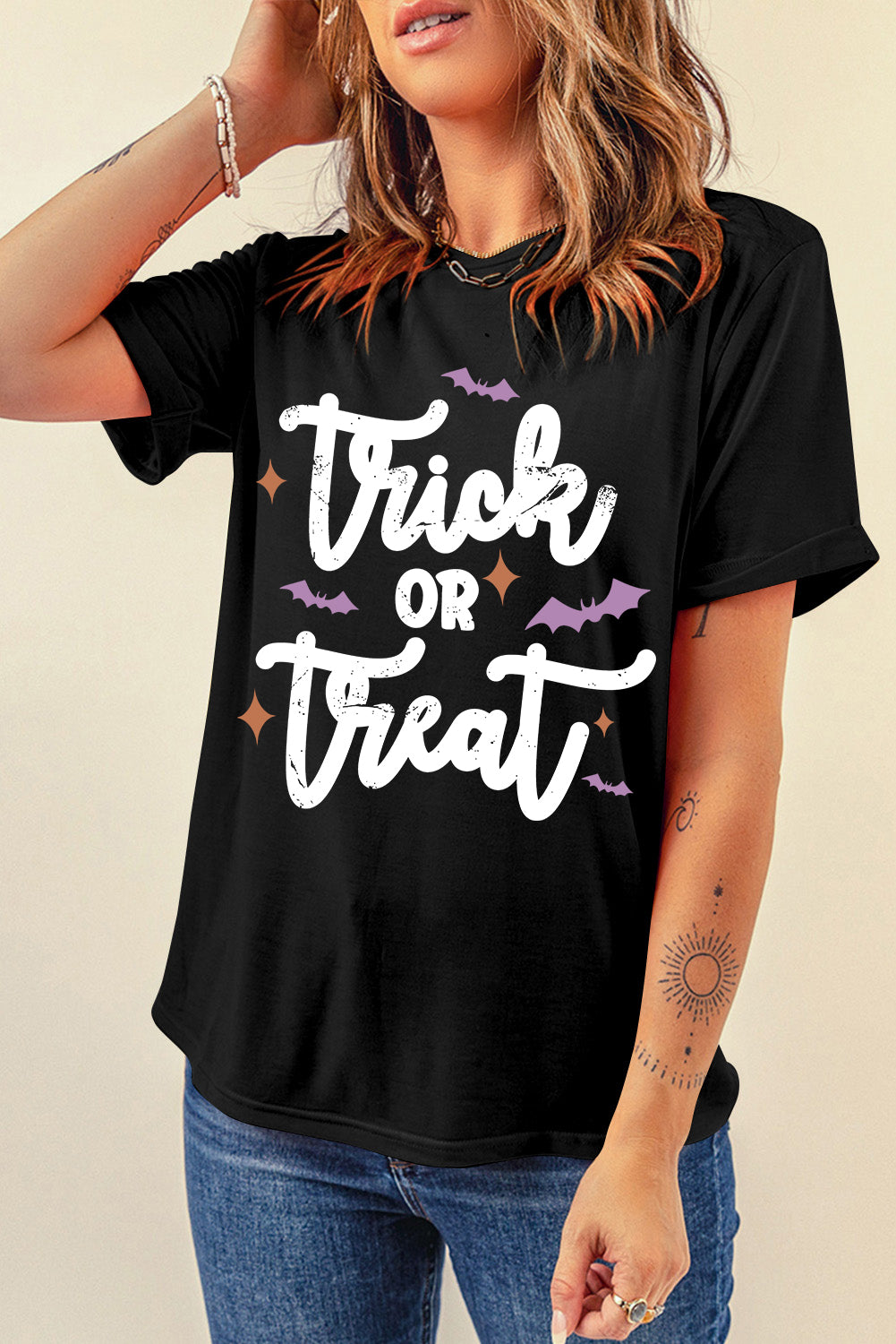 Trick Or Treat Bat Print Crew Neck Halloween T Shirt | Black