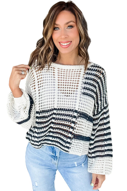 Contrast Striped Crochet Puff Sleeve Sweater | White Stripe