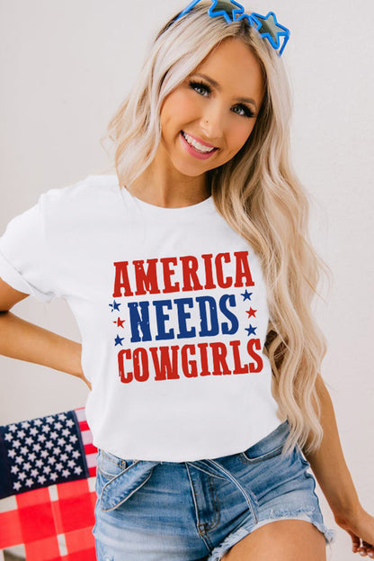 America Needs Cowgirls Crew Neck Graphic Tee | White