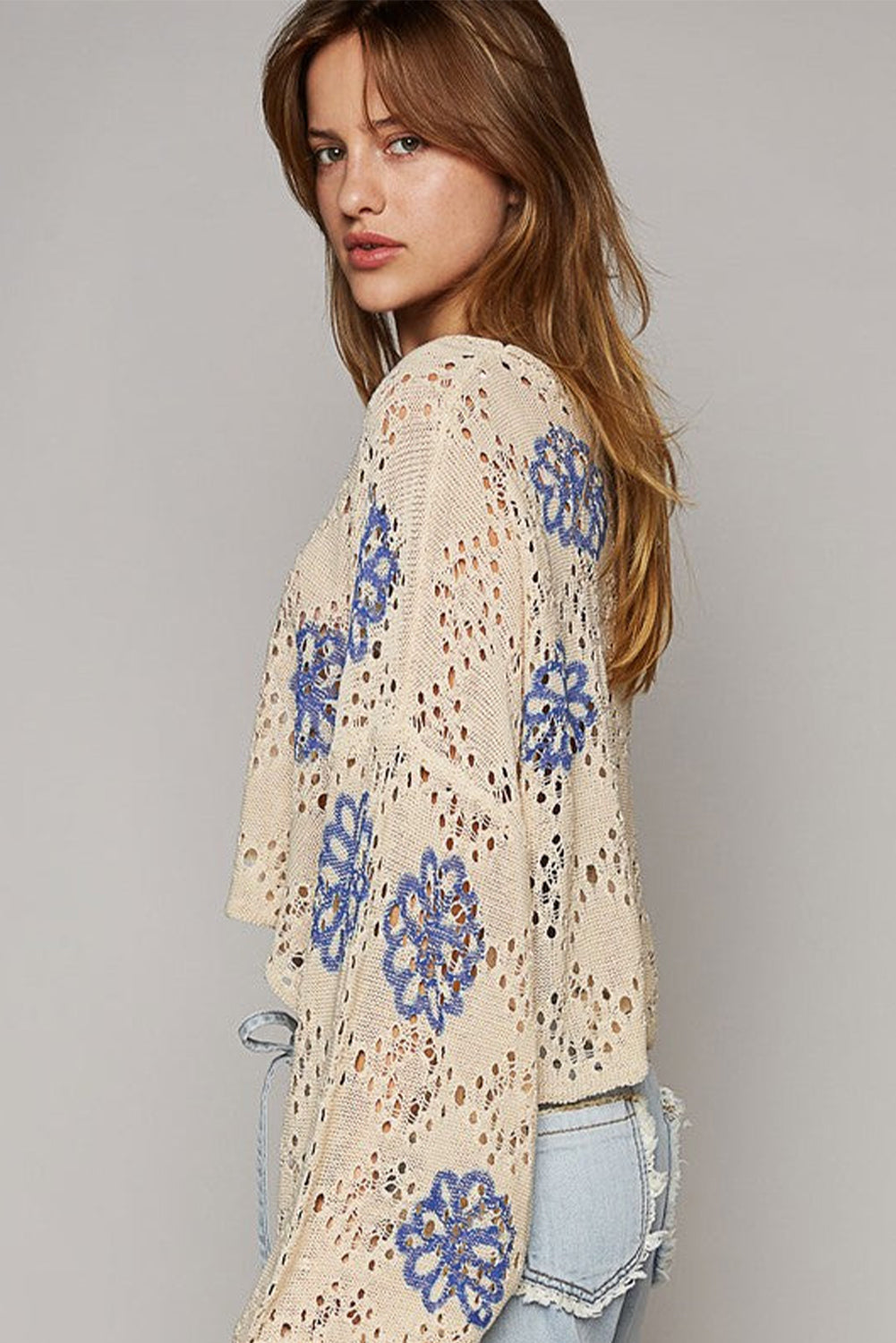 Contrast Flower Print Eyelet Drop Shoulder Sweater | Beige