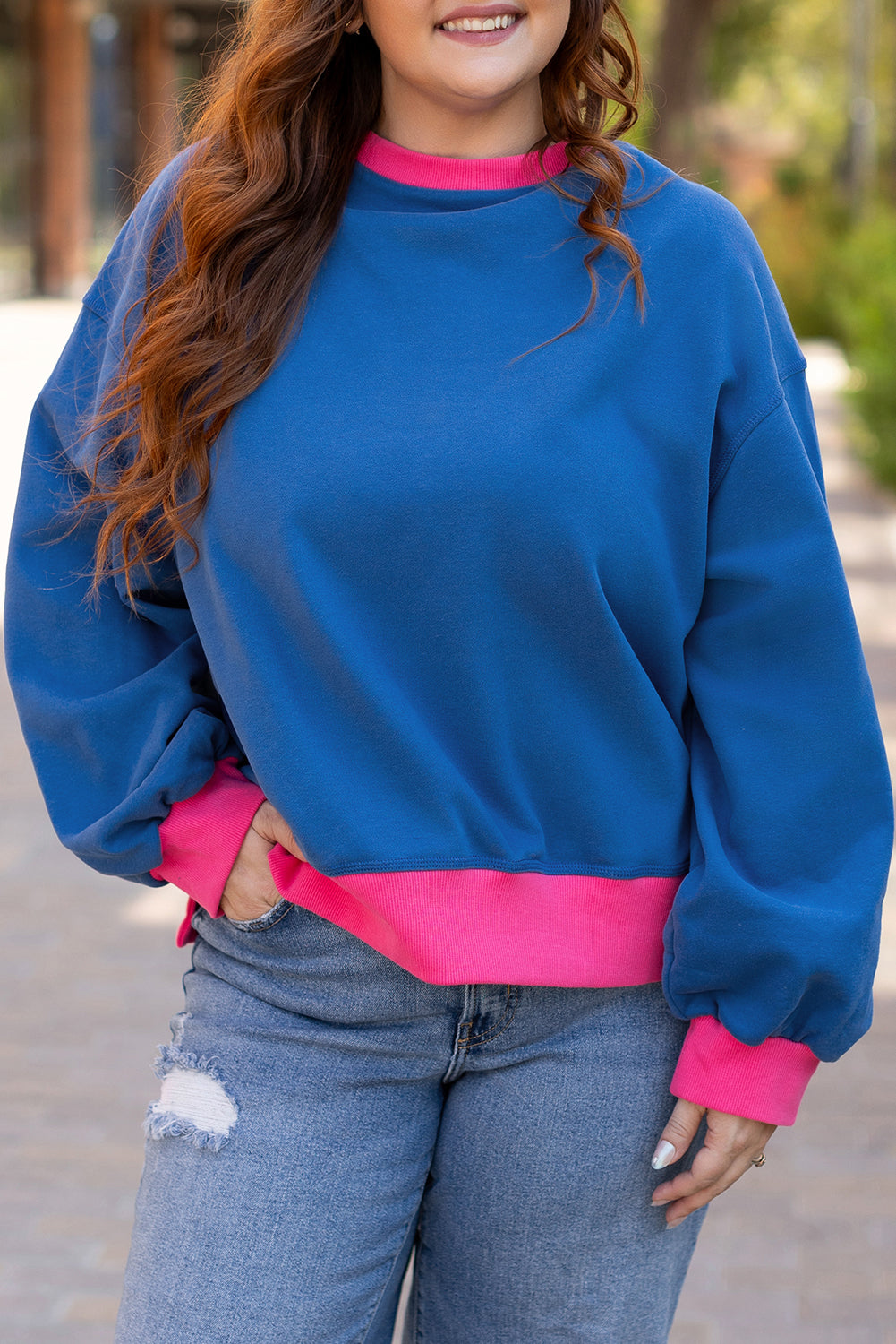 Colour Block Edge Balloon Sleeve Plus Size Sweatshirt | Sky Blue