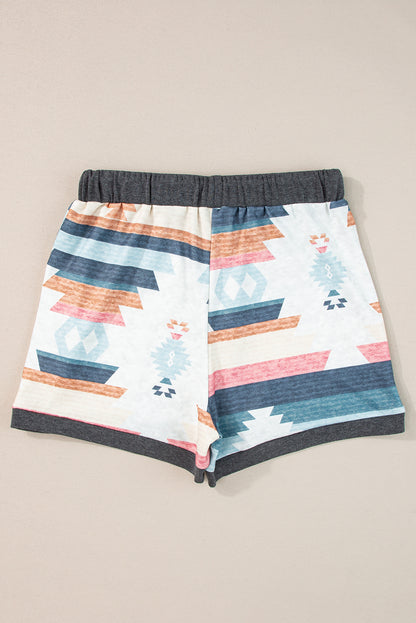 Aztec Print Drawstring Waist Casual Shorts | White