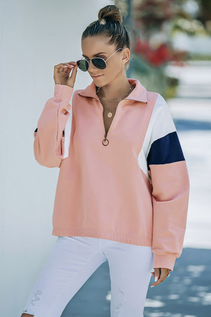 Colour Block Patch Bicep Quarter Zip Sweatshirt | Pink