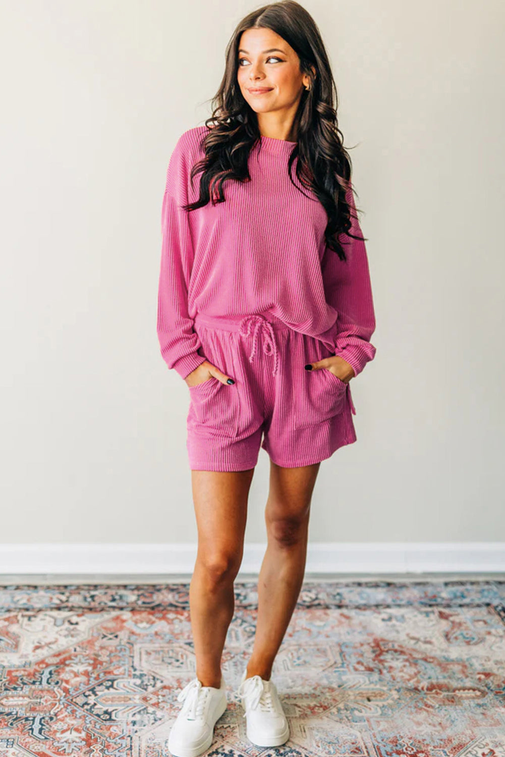 Corded Textured Long Sleeve Top And Shorts Set | Strawberry Pink