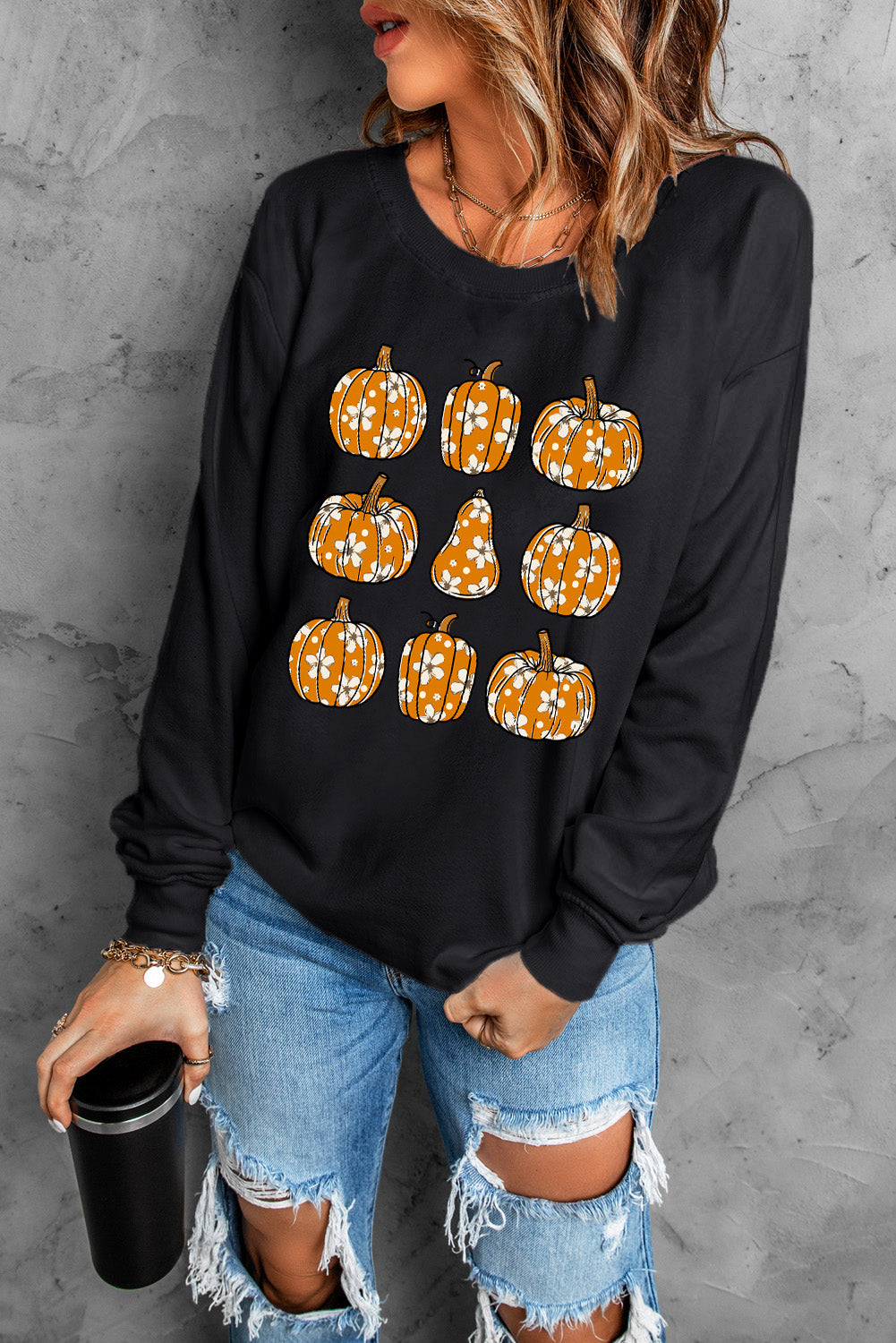 Floral Pumpkin Graphic Round Neck Halloween Sweatshirt | Black