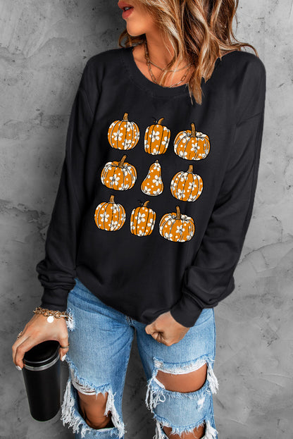 Floral Pumpkin Graphic Round Neck Halloween Sweatshirt | Black