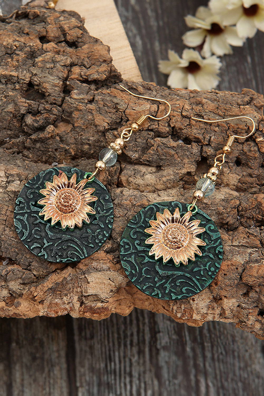 Retro Sunflower Disc Alloy Dangle Earrings | Real Teal