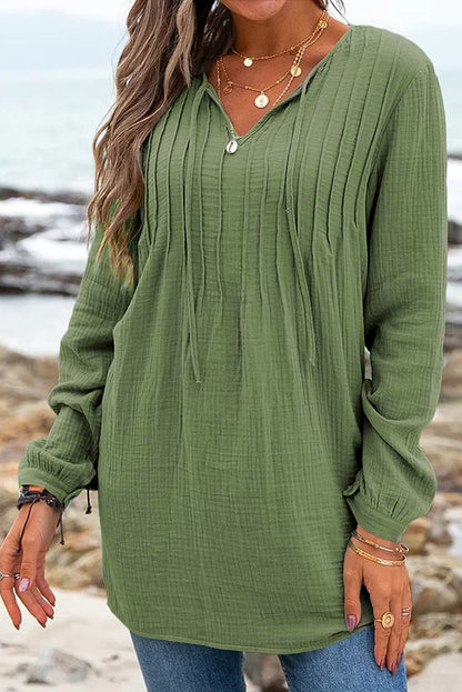 Casual Pleated V Neck Textured Loose Top | Green