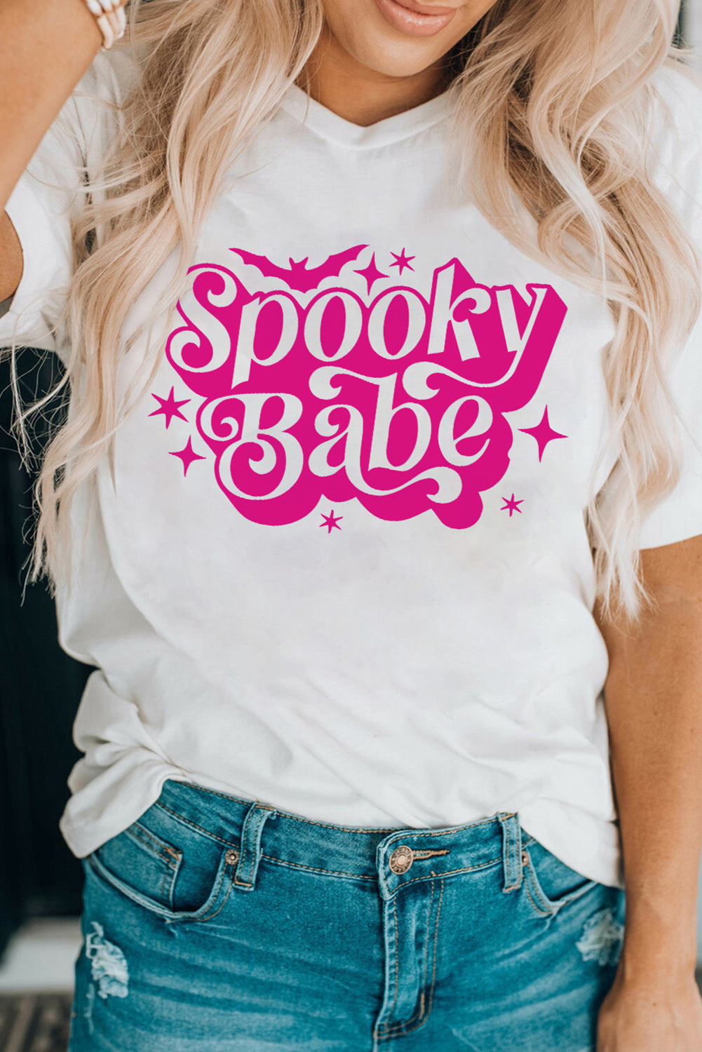 Spooky Babe Bat Print Halloween Crewneck T Shirt | White