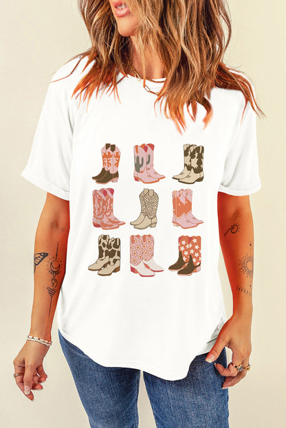 Western Cowboy Boots Print Round Neck T Shirt | White