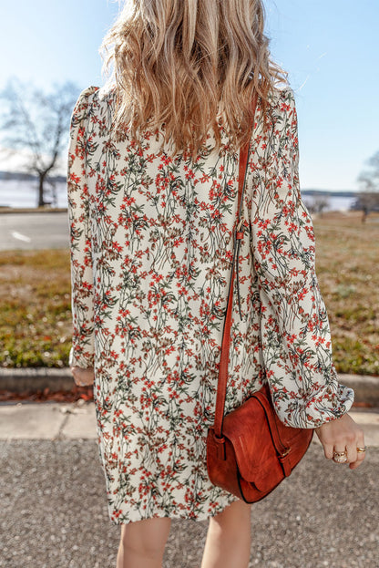 Floral Printed Long Sleeve Mini Dress | White