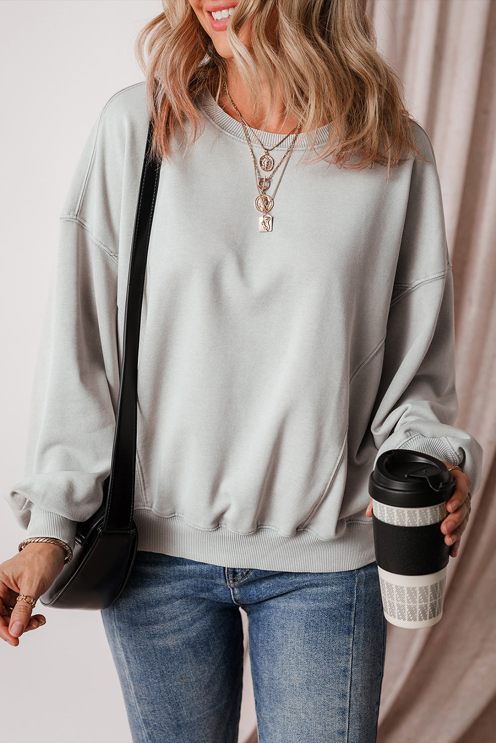 Exposed Seam Batwing Sleeve Drop Shoulder Sweatshirt | Gray