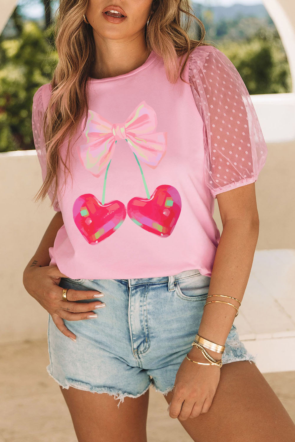 Bow Heart Shape Cherry Print Dotted Mesh Sleeve T Shirt | Pink