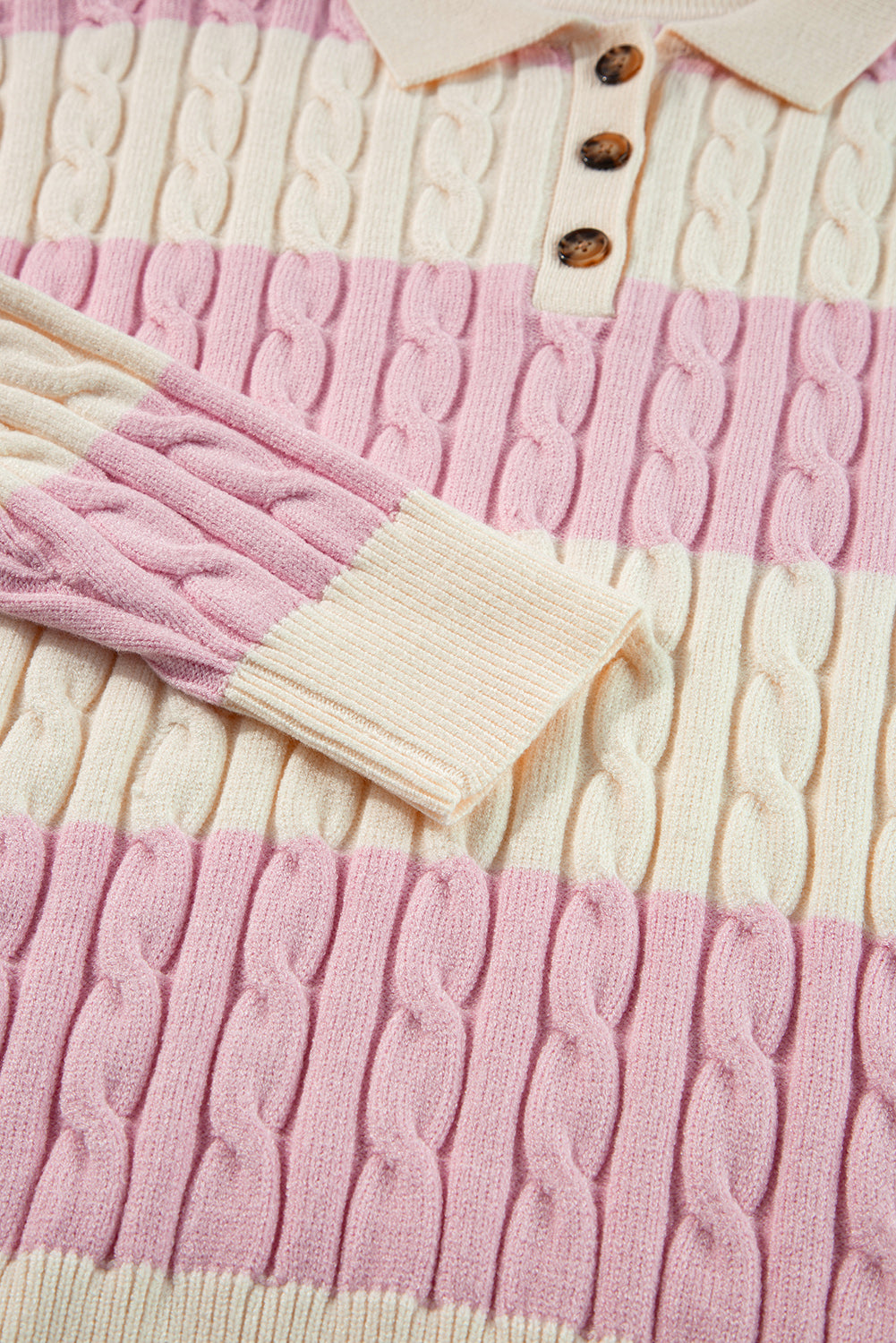 Cable Knit Collared Henley Sweater | Pink Stripe