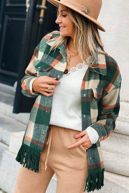 Plaid Snap Button Pocket Fringed Hem Jacket | Sea Green