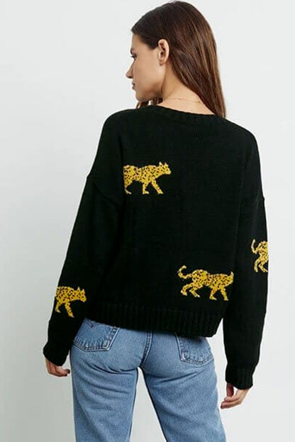 Cheetah Pattern Knit Round Neck Sweater | Black