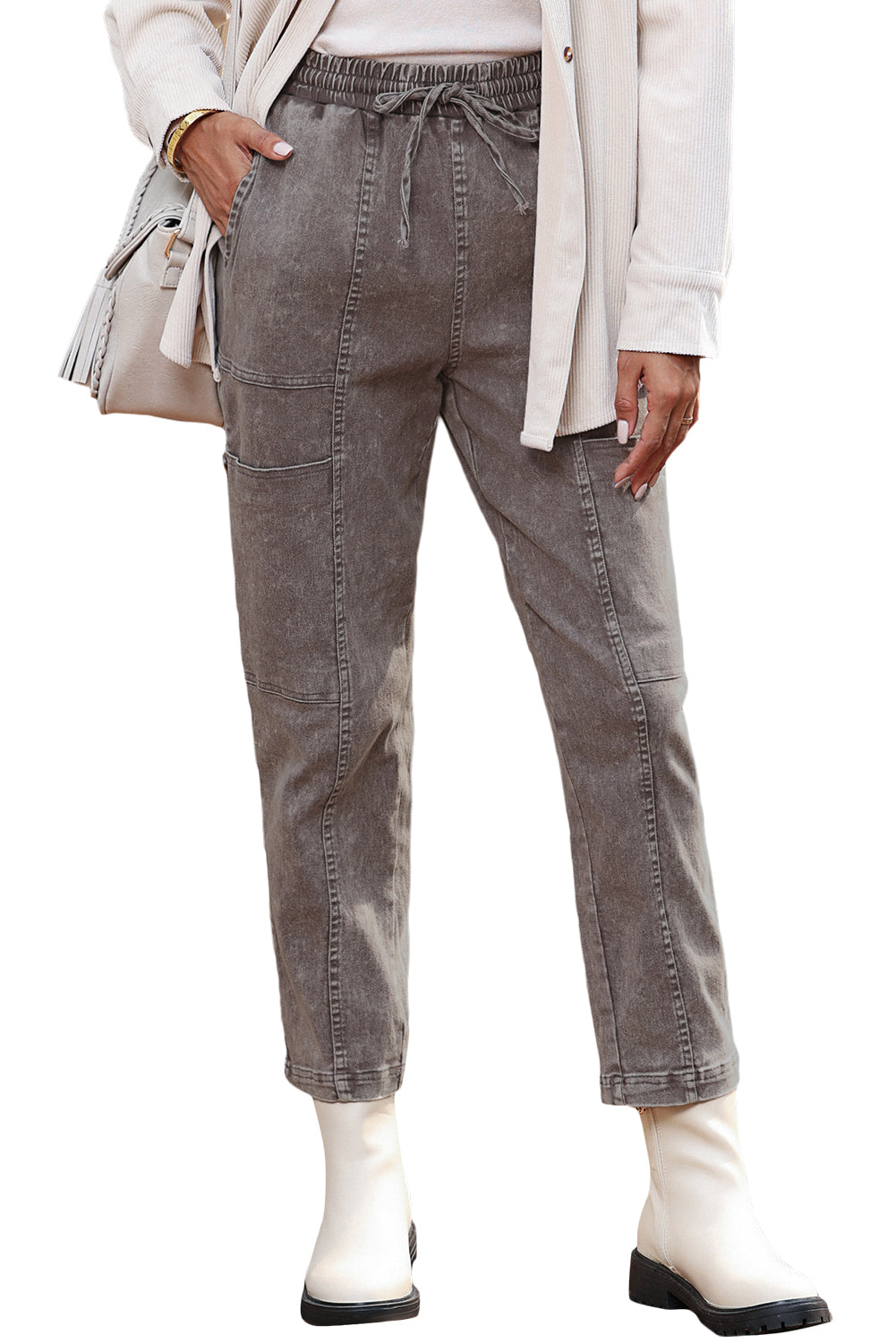 Acid Wash Multi Pocket Drawstring Waist Pants | Gray