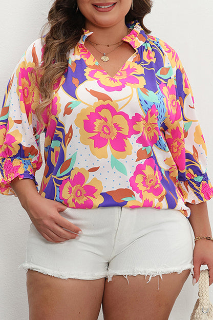 Floral Print Split Neck Short Puff Sleeve Plus Blouse | Rose Red