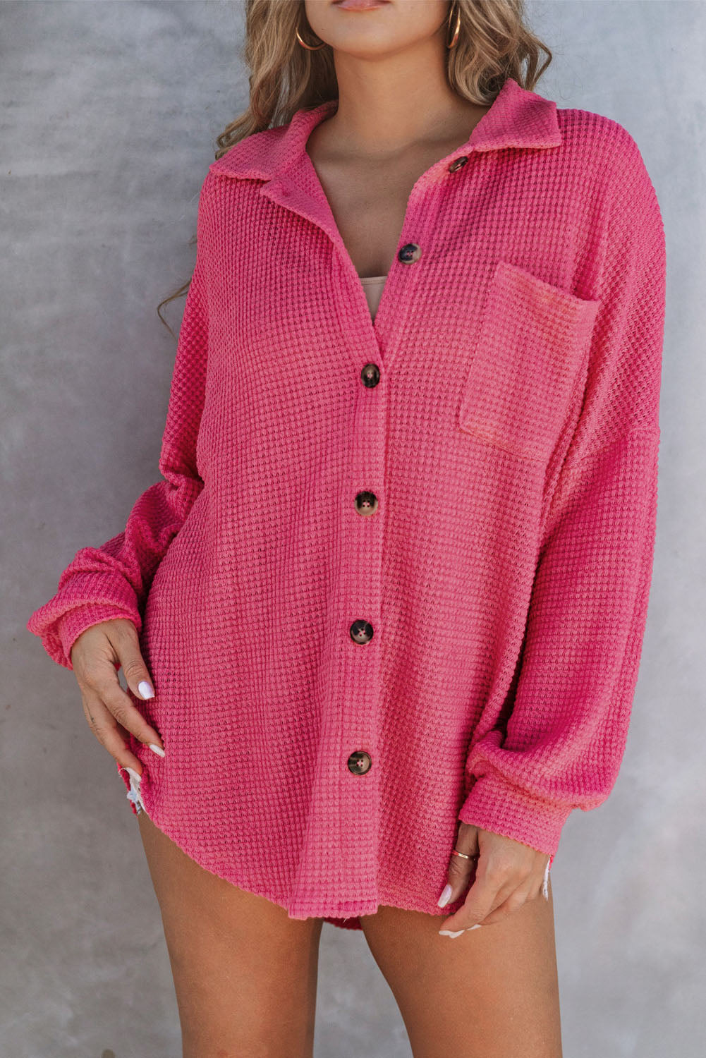 Waffle Knit Button Up Casual Shirt | Pink