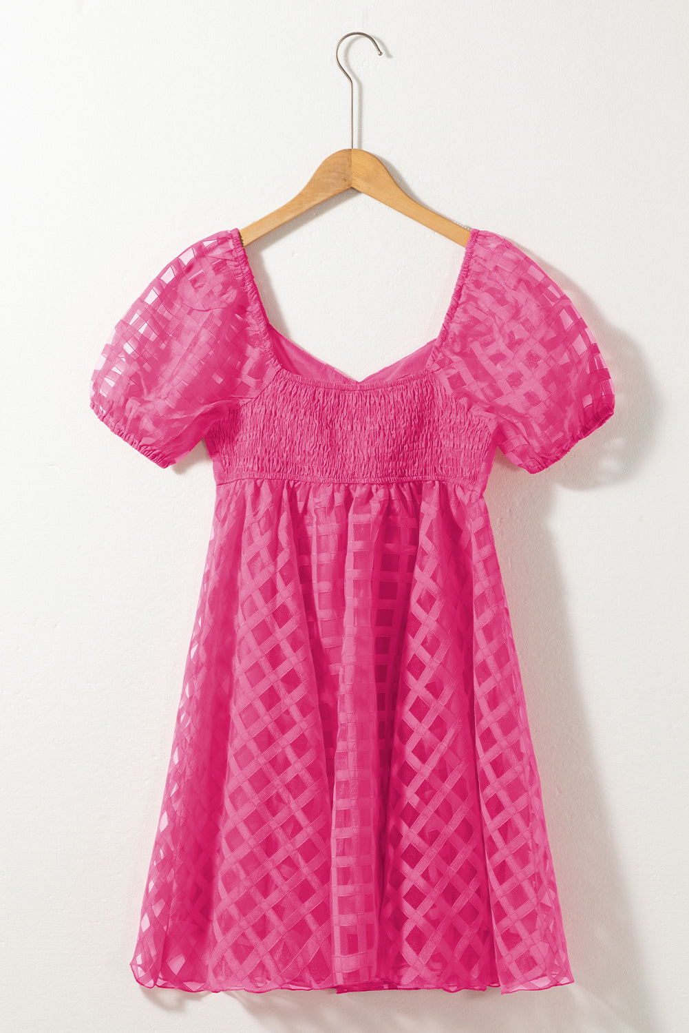 Checkered Puff Sleeve Babydoll Dress | Strawberry Pink