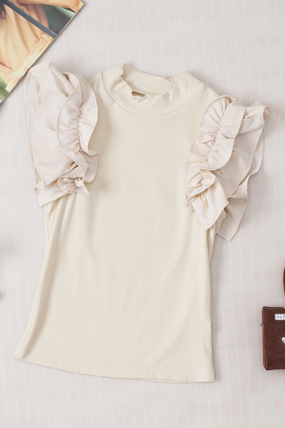 Ruffle Flutter Sleeve High Neck Ribbed Blouse | Beige