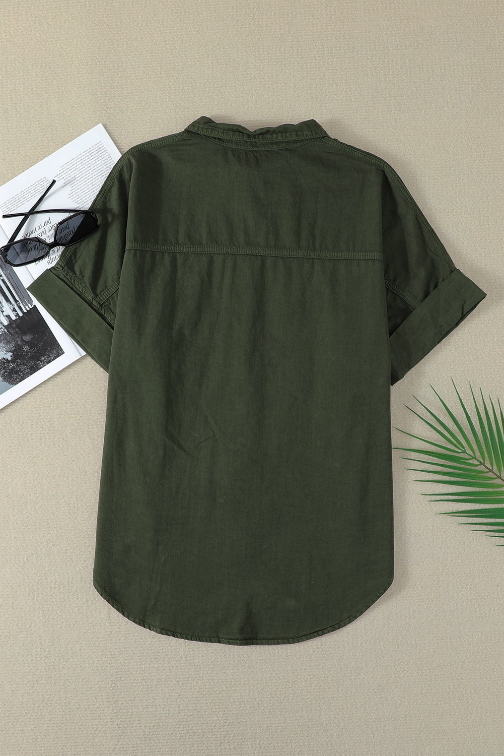 Turn-Down Collar Short Sleeve Denim Shirt | Green