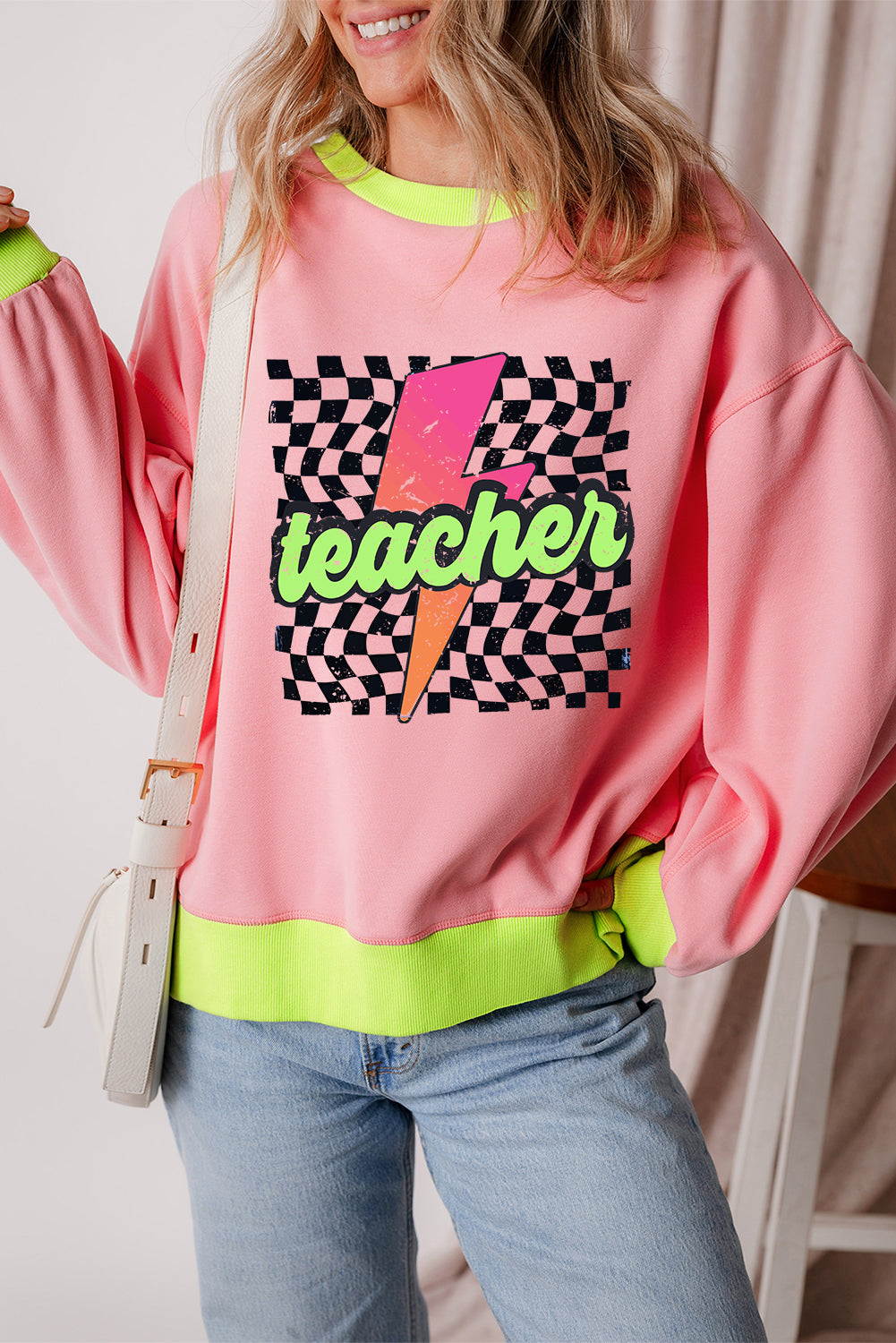 Teacher Lightning Checkered Print Colour Block Sweatshirt | Pink