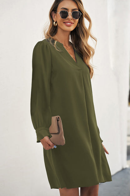 Split V Neck Ruffled Sleeves Shirt Dress | Green