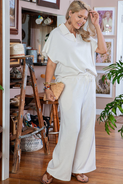 Plus Size Textured Collared Top And Pants Set | Beige