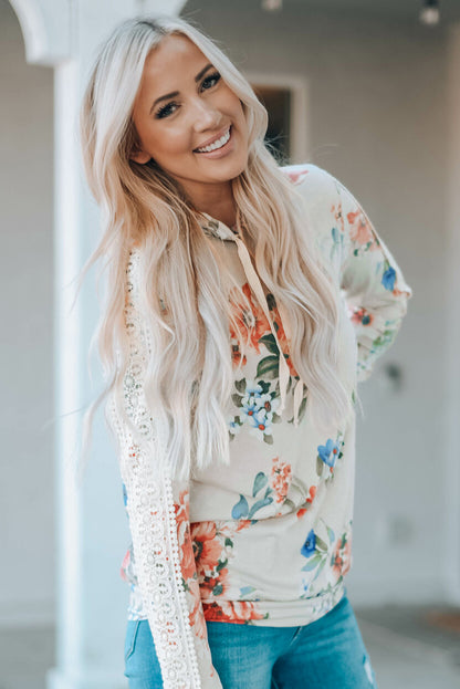 Floral Print Lace Contrast Long Sleeve Hoodie | Apricot