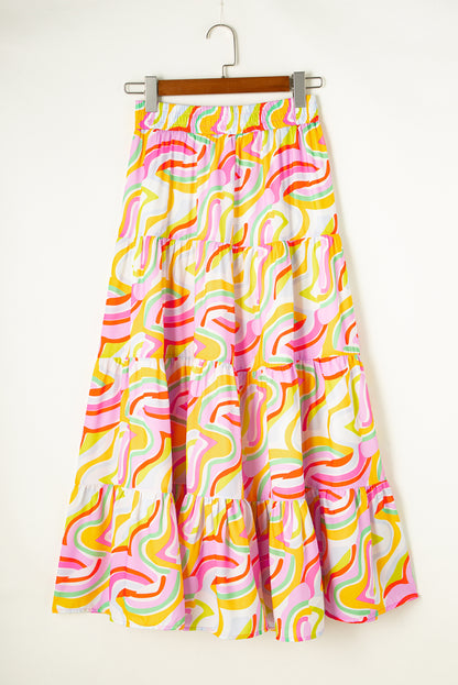 Abstract Print Tiered Flowy Maxi Skirt | Pink