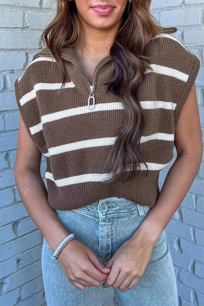 Zipped Collar Cap Sleeve Knit Top | Brown Stripe