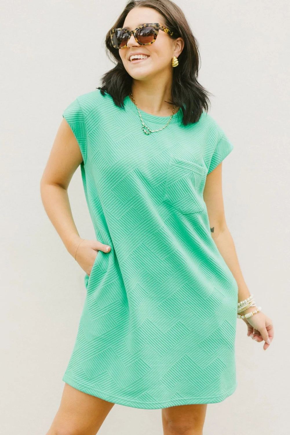 Textured Cap Sleeve T Shirt Dress | Mint Green