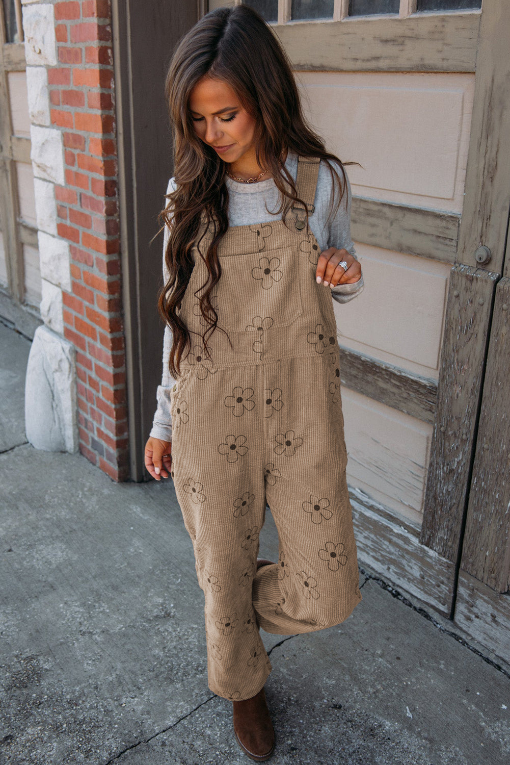 Flower Print Corduroy Overalls | Khaki