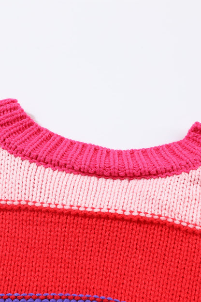 Plus Size Striped Knit Pompom Puff Sleeve Sweater | Pink