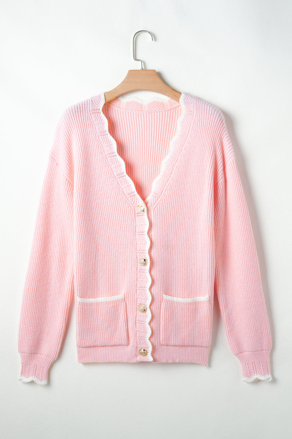 Ribbed Knit Scalloped Edge Side Pockets Buttoned Cardigan | Pink