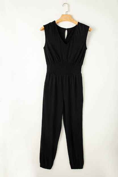 Shirred High Waist Sleeveless V Neck Jumpsuit | Black