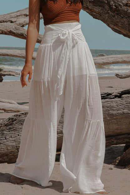 Smocked High Waist Bohemian Wide Leg Pants | White