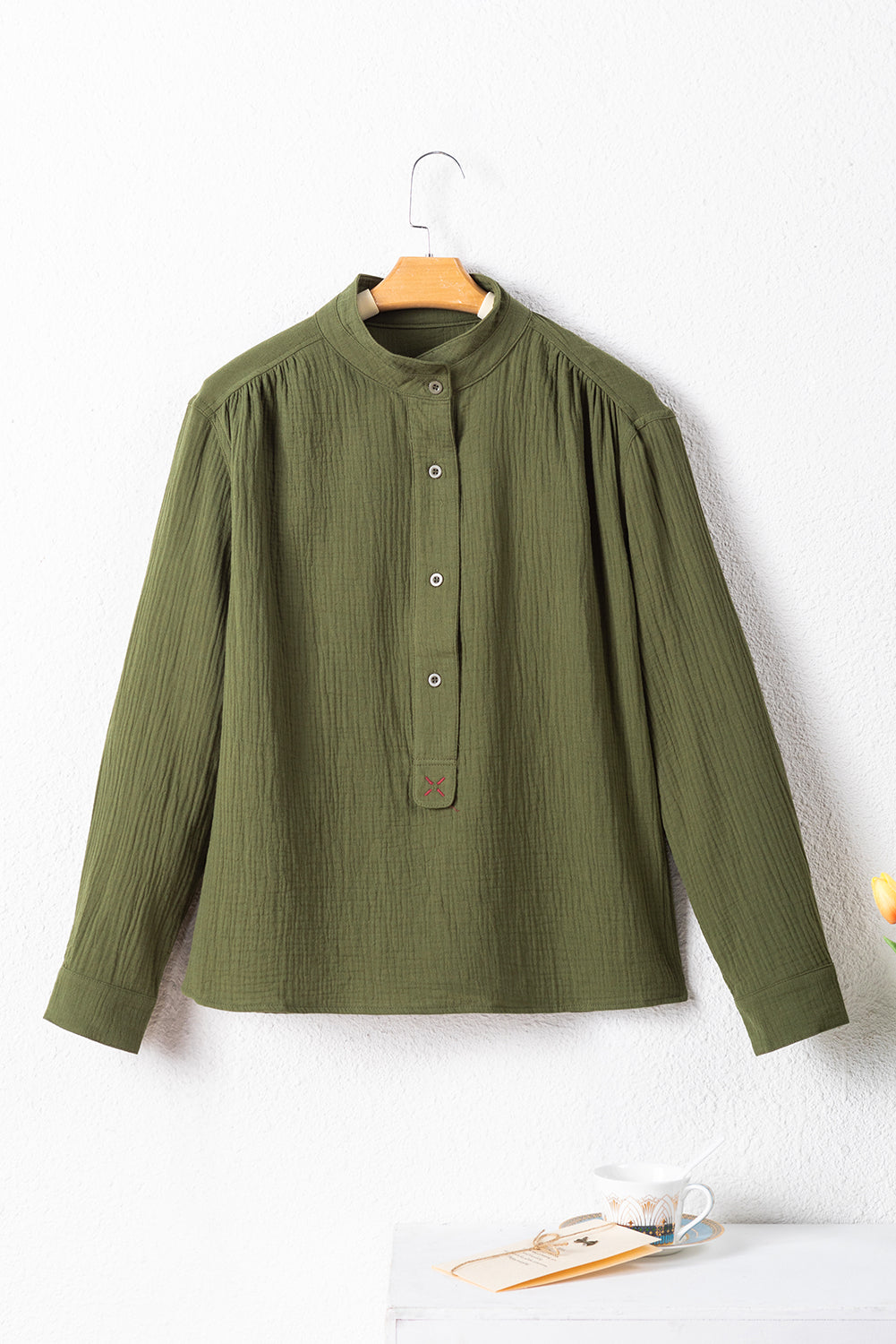 Crinkle Textured Button Up Long Sleeve Shirt | Jungle Green