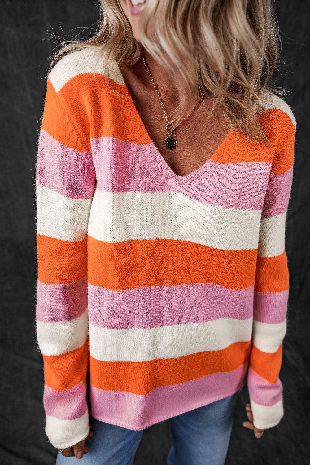 Colourblock V Neck Casual Sweater | Orange Stripe