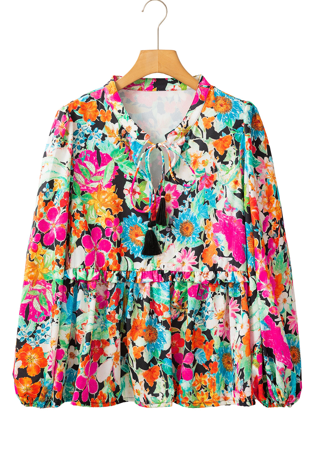 Floral Print Bubble Sleeve V Neck Ruffled Blouse | Multicolour