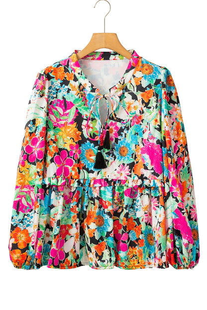 Floral Print Bubble Sleeve V Neck Ruffled Blouse | Multicolour