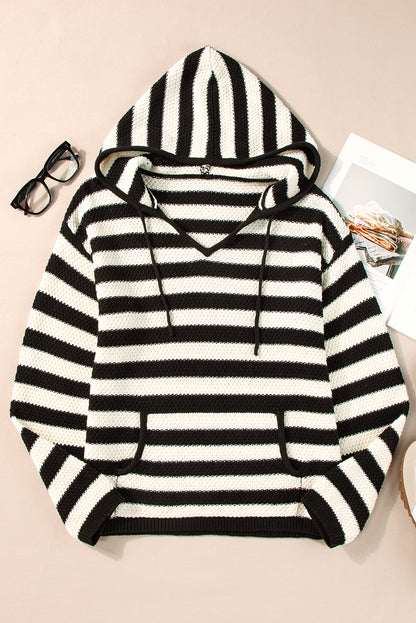 V Neck Pocketed Drawstring Hooded Sweater | White Stripe