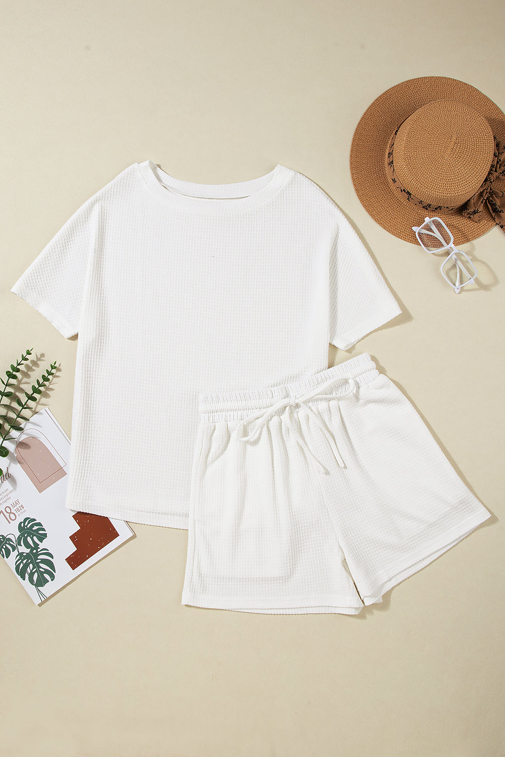 Casual Textured Tee And Drawstring Shorts Set | White