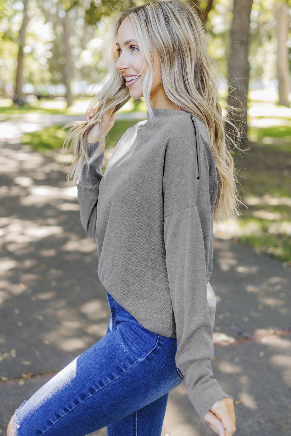 Ribbed Zip Knit Top | Gray