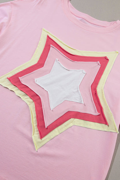 Colourblock Star Patched Half Sleeve Oversized Tee | Light Pink