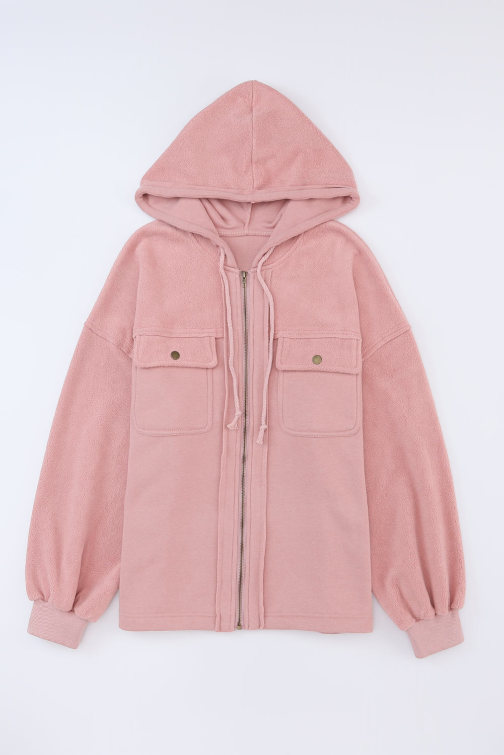 Flap Pocket Drawstring Hood Zip Up Jacket | Pink