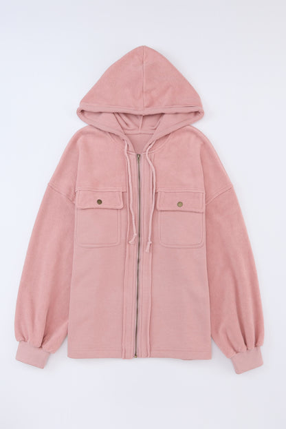 Flap Pocket Drawstring Hood Zip Up Jacket | Pink